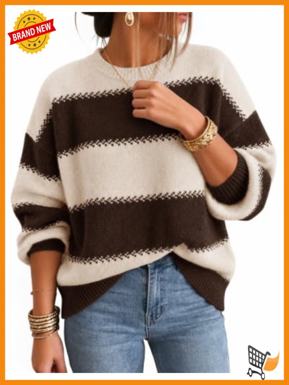 Oversized Striped Long Sleeve Sweater Women's Casual Crew Neck